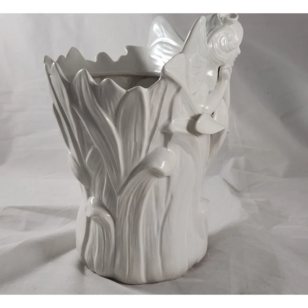 Vtg Fitz and Floyd White Bisque Porcelain Fairy Planter or Vase 8.5